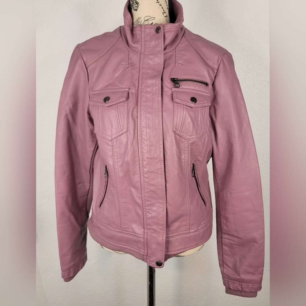 Ci Sono M Faux Leather Moto Jacket Funnel Neck  Bomber Zippers Pockets